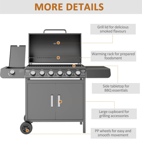 6+1 Burner Gas BBQ Grill, Outdoor Barbecue Trolley with Wheels, Warming Rack, Side Shelves, Cabinet, Thermometer for Garden, Party, Camping, 135 x 51.5 x 100cm, Grey