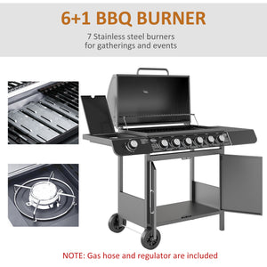 6+1 Burner Gas BBQ Grill, Outdoor Barbecue Trolley with Wheels, Warming Rack, Side Shelves, Cabinet, Thermometer for Garden, Party, Camping, 135 x 51.5 x 100cm, Grey