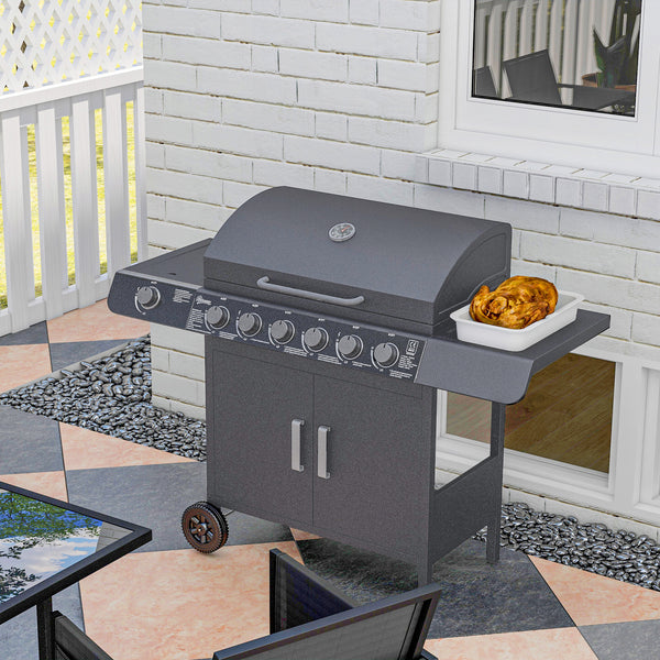 6+1 Burner Gas BBQ Grill, Outdoor Barbecue Trolley with Wheels, Warming Rack, Side Shelves, Cabinet, Thermometer for Garden, Party, Camping, 135 x 51.5 x 100cm, Grey