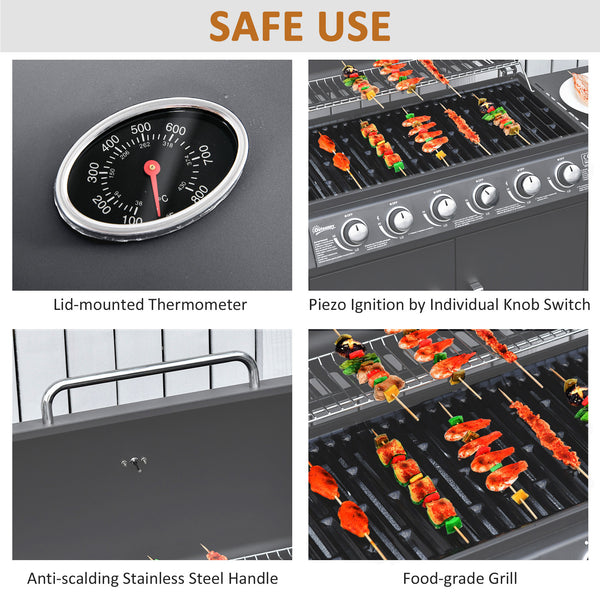 6+1 Burner Gas BBQ Grill, Outdoor Barbecue Trolley with Wheels, Warming Rack, Side Shelves, Cabinet, Thermometer for Garden, Party, Camping, 135 x 51.5 x 100cm, Grey