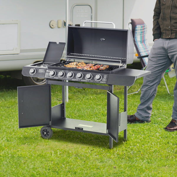 6+1 Burner Gas BBQ Grill, Outdoor Barbecue Trolley with Wheels, Warming Rack, Side Shelves, Cabinet, Thermometer for Garden, Party, Camping, 135 x 51.5 x 100cm, Grey