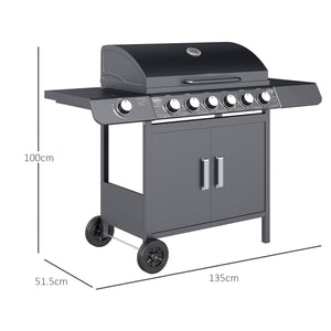 6+1 Burner Gas BBQ Grill, Outdoor Barbecue Trolley with Wheels, Warming Rack, Side Shelves, Cabinet, Thermometer for Garden, Party, Camping, 135 x 51.5 x 100cm, Grey