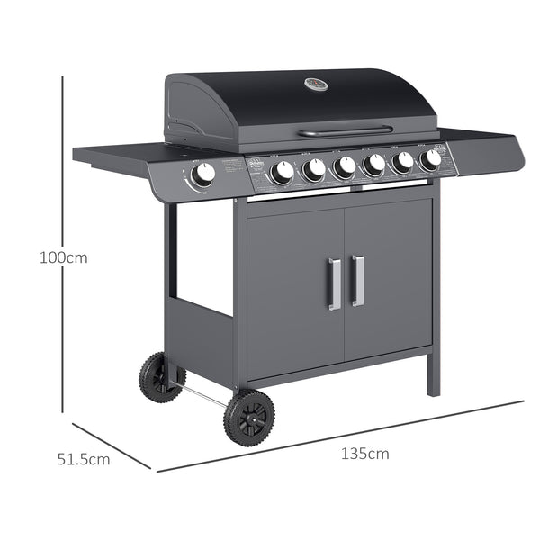 6+1 Burner Gas BBQ Grill, Outdoor Barbecue Trolley with Wheels, Warming Rack, Side Shelves, Cabinet, Thermometer for Garden, Party, Camping, 135 x 51.5 x 100cm, Grey