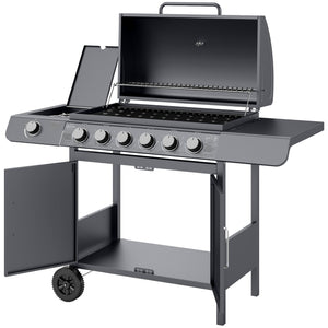 6+1 Burner Gas BBQ Grill, Outdoor Barbecue Trolley with Wheels, Warming Rack, Side Shelves, Cabinet, Thermometer for Garden, Party, Camping, 135 x 51.5 x 100cm, Grey