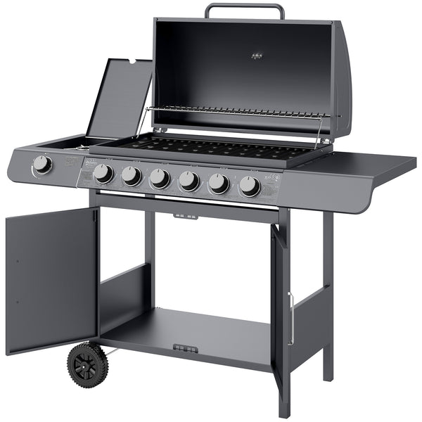 6+1 Burner Gas BBQ Grill, Outdoor Barbecue Trolley with Wheels, Warming Rack, Side Shelves, Cabinet, Thermometer for Garden, Party, Camping, 135 x 51.5 x 100cm, Grey