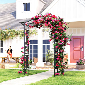 Garden Arch, 7.5ft PE-Coated Steel Garden Arch Trellis for Climbing Plants, Arbour Archway with Extended Top for Wedding Ceremony Garden Backyard Lawn Patio, Black
