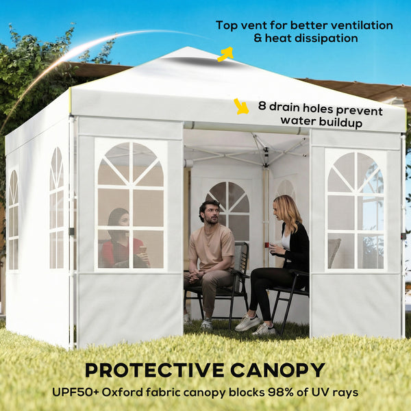 9.6 x 9.6 ft Pop Up Canopy Tent with Sidewalls, One Button Push Setup, UPF50+ Outdoor Portable Instant Canopy Shelter with Carry Bag, Sandbags, Adjustable Height for Parties Events, White