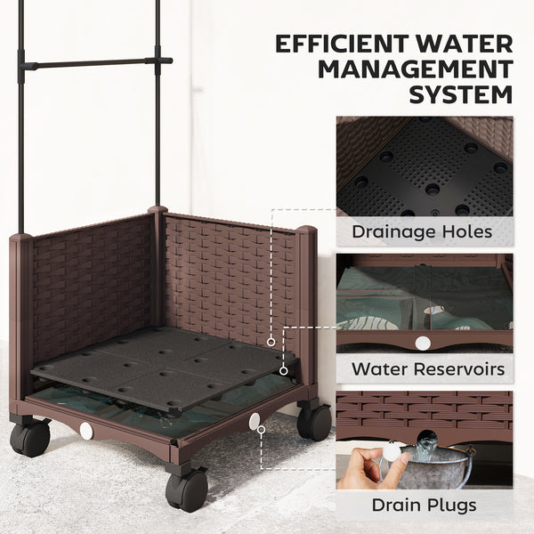 Raised Garden Bed with Trellis, Tomato Cage with Lockable Wheels, Self Watering Planter Box with Drainage Holes and Plugs for Outdoor Patio Climbing Plants, Vines, Vegetables, Flowers, Brown