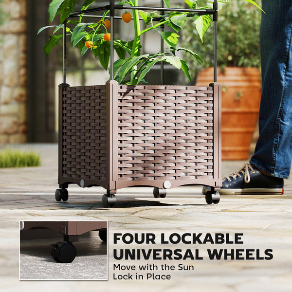 Raised Garden Bed with Trellis, Tomato Cage with Lockable Wheels, Self Watering Planter Box with Drainage Holes and Plugs for Outdoor Patio Climbing Plants, Vines, Vegetables, Flowers, Brown