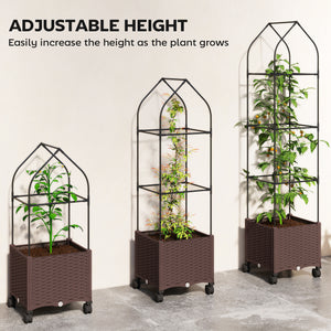 Raised Garden Bed with Trellis, Tomato Cage with Lockable Wheels, Self Watering Planter Box with Drainage Holes and Plugs for Outdoor Patio Climbing Plants, Vines, Vegetables, Flowers, Brown