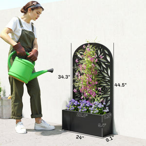 Metal Raised Garden Bed with Trellis for Climbing Plants, Freestanding or Wall Mounted Flower Bed with Cueved Privacy Panel, Leaves Cut-Out Outdoor Planter Box for Garden, Patio, Balcony