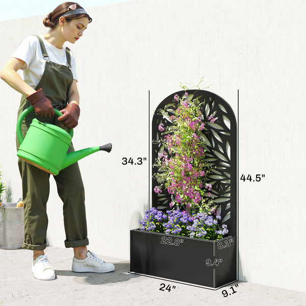 Metal Raised Garden Bed with Trellis for Climbing Plants, Freestanding or Wall Mounted Flower Bed with Cueved Privacy Panel, Leaves Cut-Out Outdoor Planter Box for Garden, Patio, Balcony