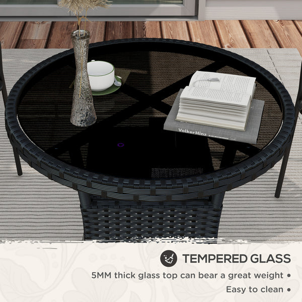Φ31.5" Outdoor Wicker Dining Table, PE Rattan Patio Furniture with 2-Tier Storage Shelf, Metal Frame Round Garden Table with Glass Top Table, Black