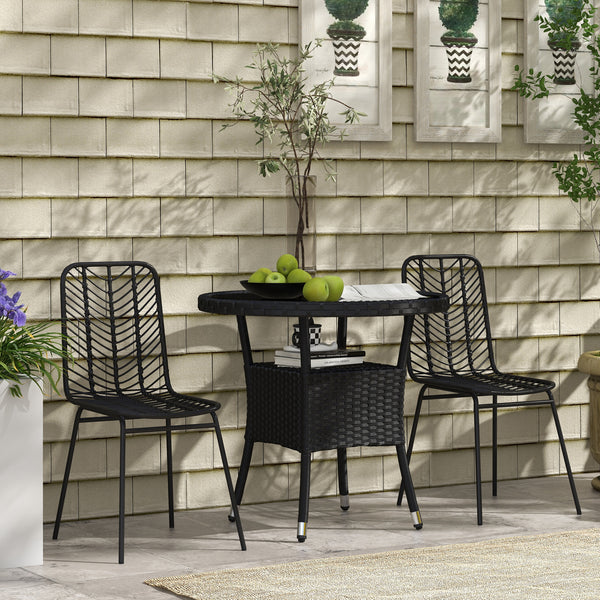 Φ31.5" Outdoor Wicker Dining Table, PE Rattan Patio Furniture with 2-Tier Storage Shelf, Metal Frame Round Garden Table with Glass Top Table, Black