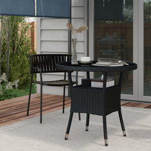 Φ31.5" Outdoor Wicker Dining Table, PE Rattan Patio Furniture with 2-Tier Storage Shelf, Metal Frame Round Garden Table with Glass Top Table, Black
