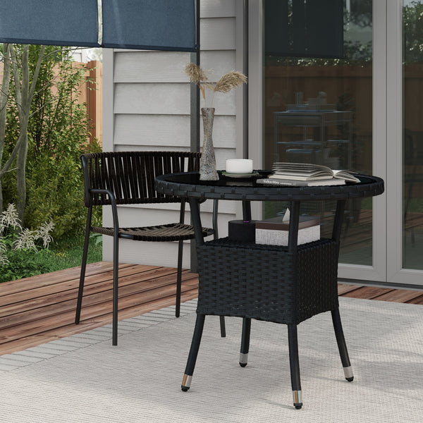 Φ31.5" Outdoor Wicker Dining Table, PE Rattan Patio Furniture with 2-Tier Storage Shelf, Metal Frame Round Garden Table with Glass Top Table, Black
