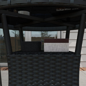 Φ31.5" Outdoor Wicker Dining Table, PE Rattan Patio Furniture with 2-Tier Storage Shelf, Metal Frame Round Garden Table with Glass Top Table, Black
