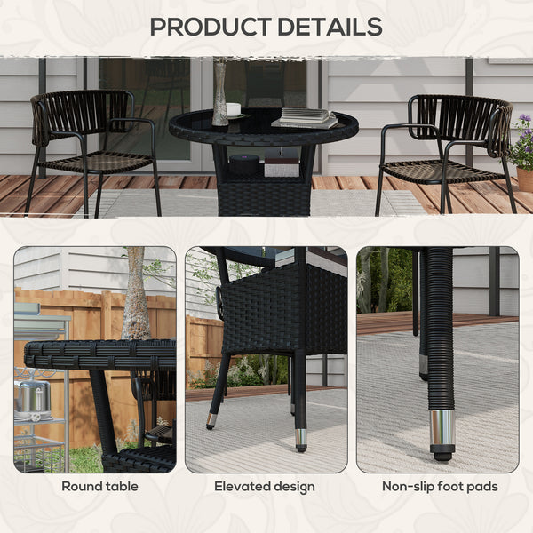 Φ31.5" Outdoor Wicker Dining Table, PE Rattan Patio Furniture with 2-Tier Storage Shelf, Metal Frame Round Garden Table with Glass Top Table, Black