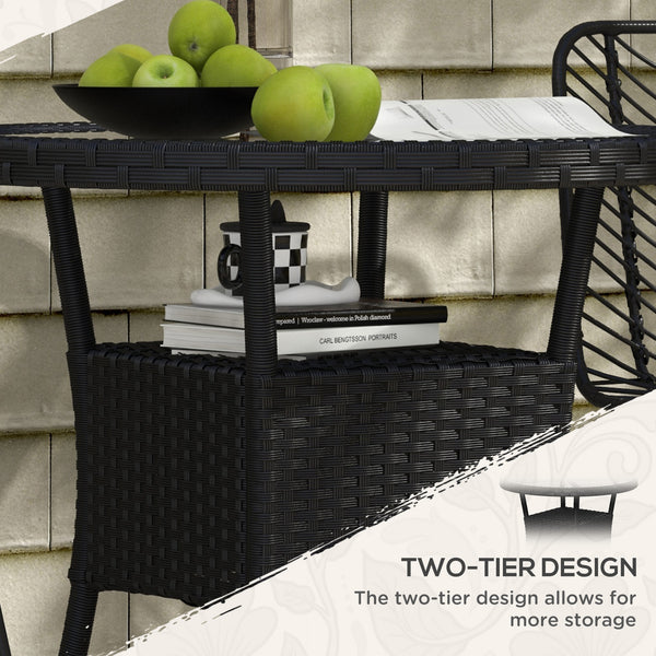 Φ31.5" Outdoor Wicker Dining Table, PE Rattan Patio Furniture with 2-Tier Storage Shelf, Metal Frame Round Garden Table with Glass Top Table, Black