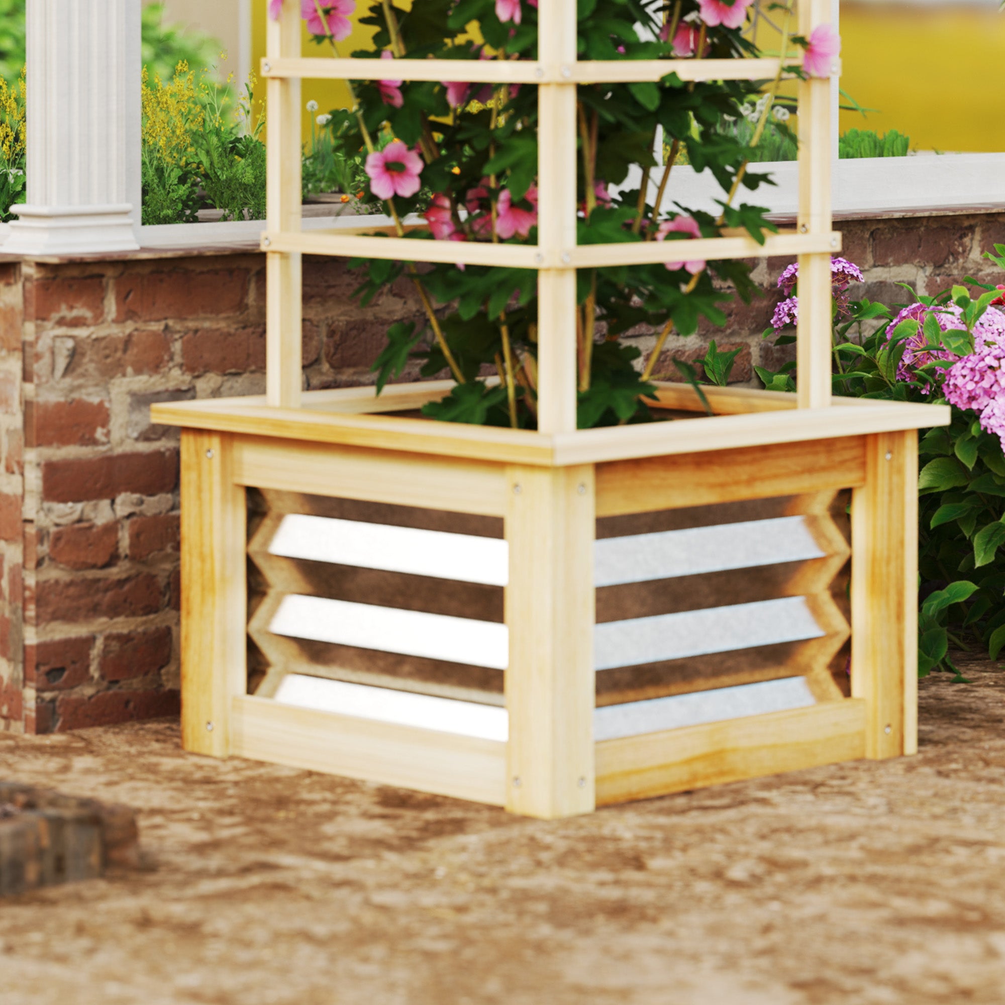 cedar planter with trellis Outsunny Wooden Raised Garden Bed with Trellis, Galvanized Planter Box Elevated Garden Bed for Garden, Patio, Natural Wood