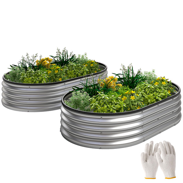 2Pcs Galvanized Raised Garden Bed, 5 x 3 x 1 ft Modular Metal Garden Beds with Rubber Strip Edging, Oval Outdoor Planter Box for Vegetables, Flowers, Herbs, Silver