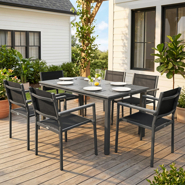 Garden Dining Set with Acacia Wood Table Top, Outdoor Table and Stackable Chairs Set for 6 with Texteline Seat, for Patio, Conservatory, Terrace, Grey