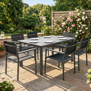 Garden Dining Set with Acacia Wood Table Top, Outdoor Table and Stackable Chairs Set for 6 with Texteline Seat, for Patio, Conservatory, Terrace, Grey