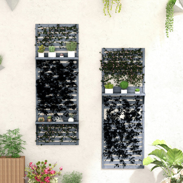 2-pieces Outdoor Plant Stands with Hanging Planter Shelves and Slatted Trellis for Climbing Plants, 170cm Wall Mount Wooden Plant Rack for Patio, Balcony, Porch, Grey