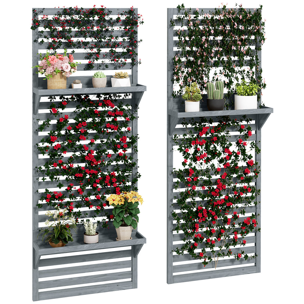 2-pieces Outdoor Plant Stands with Hanging Planter Shelves and Slatted Trellis for Climbing Plants, 170cm Wall Mount Wooden Plant Rack for Patio, Balcony, Porch, Grey