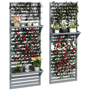 2-pieces Outdoor Plant Stands with Hanging Planter Shelves and Slatted Trellis for Climbing Plants, 170cm Wall Mount Wooden Plant Rack for Patio, Balcony, Porch, Grey