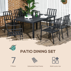 7 Pieces Garden Dining Set, Outdoor Patio Table and 6 Stackable Chairs, Metal Top Table with Umbrella Hole, Black
