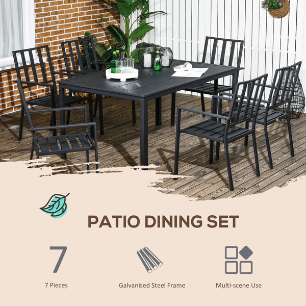 7 Pieces Garden Dining Set, Outdoor Patio Table and 6 Stackable Chairs, Metal Top Table with Umbrella Hole, Black