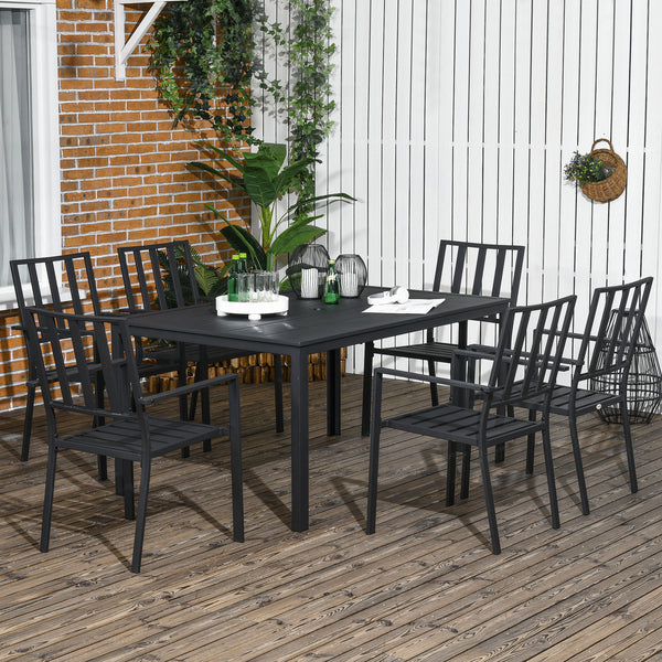 7 Pieces Garden Dining Set, Outdoor Patio Table and 6 Stackable Chairs, Metal Top Table with Umbrella Hole, Black