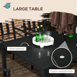 7 Pieces Garden Dining Set, Outdoor Patio Table and 6 Stackable Chairs, Metal Top Table with Umbrella Hole, Black
