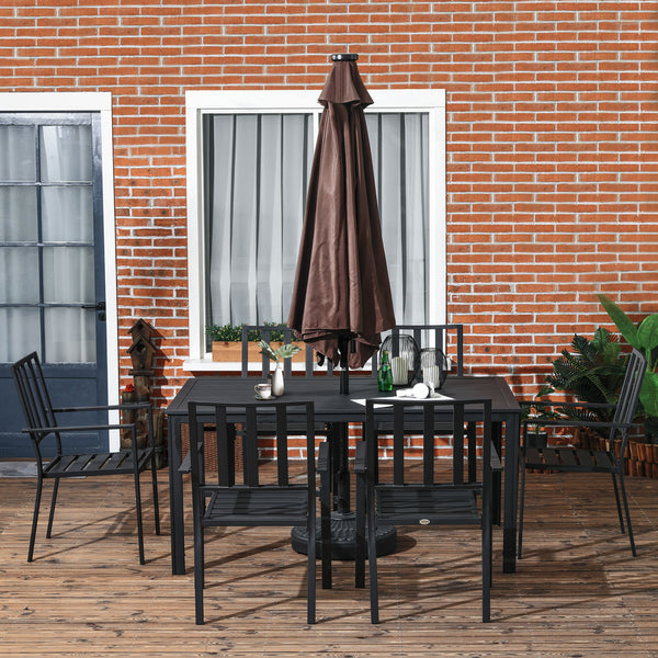 7 Pieces Garden Dining Set, Outdoor Patio Table and 6 Stackable Chairs, Metal Top Table with Umbrella Hole, Black