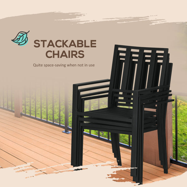 7 Pieces Garden Dining Set, Outdoor Patio Table and 6 Stackable Chairs, Metal Top Table with Umbrella Hole, Black