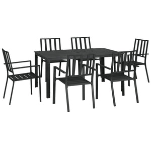 7 Pieces Garden Dining Set, Outdoor Patio Table and 6 Stackable Chairs, Metal Top Table with Umbrella Hole, Black