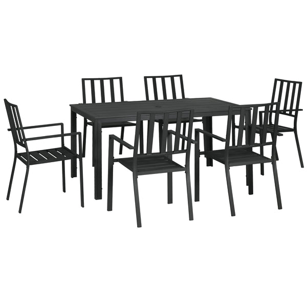 7 Pieces Garden Dining Set, Outdoor Patio Table and 6 Stackable Chairs, Metal Top Table with Umbrella Hole, Black