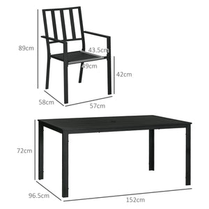 7 Pieces Garden Dining Set, Outdoor Patio Table and 6 Stackable Chairs, Metal Top Table with Umbrella Hole, Black