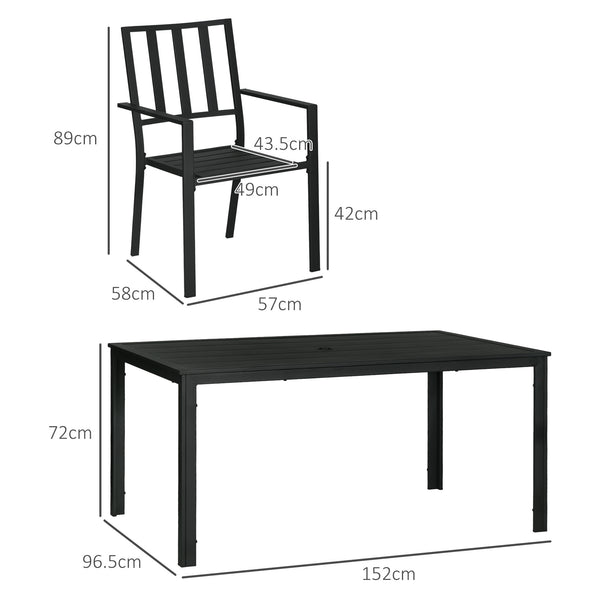 7 Pieces Garden Dining Set, Outdoor Patio Table and 6 Stackable Chairs, Metal Top Table with Umbrella Hole, Black