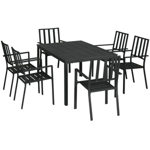 7 Pieces Garden Dining Set, Outdoor Patio Table and 6 Stackable Chairs, Metal Top Table with Umbrella Hole, Black