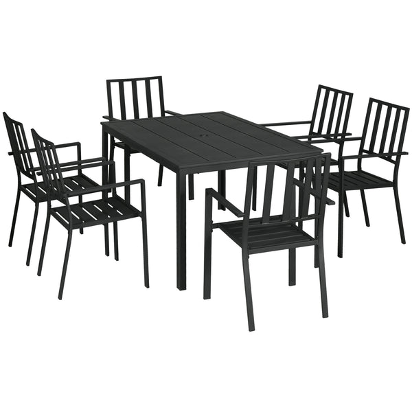7 Pieces Garden Dining Set, Outdoor Patio Table and 6 Stackable Chairs, Metal Top Table with Umbrella Hole, Black