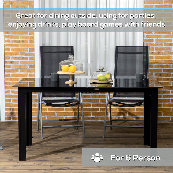 Outdoor Dining Table for 6, Aluminium Rectangular Garden Table with Tempered Glass Tabletop for Yard, Deck, Patio, 150 x 90 x 74 cm, Black