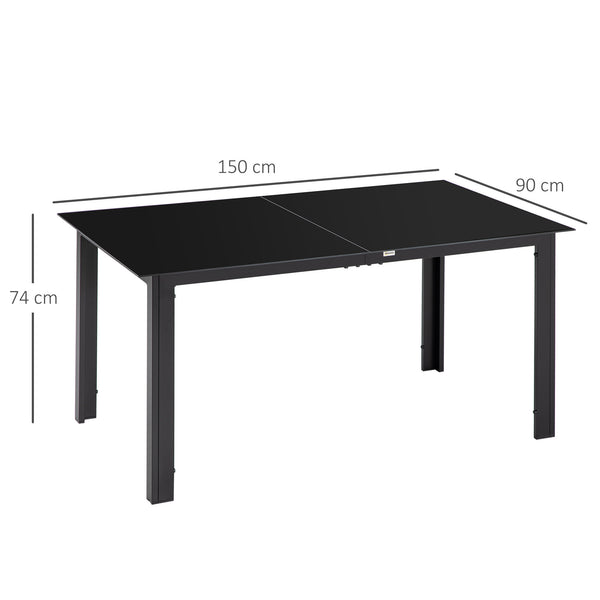 Outdoor Dining Table for 6, Aluminium Rectangular Garden Table with Tempered Glass Tabletop for Yard, Deck, Patio, 150 x 90 x 74 cm, Black