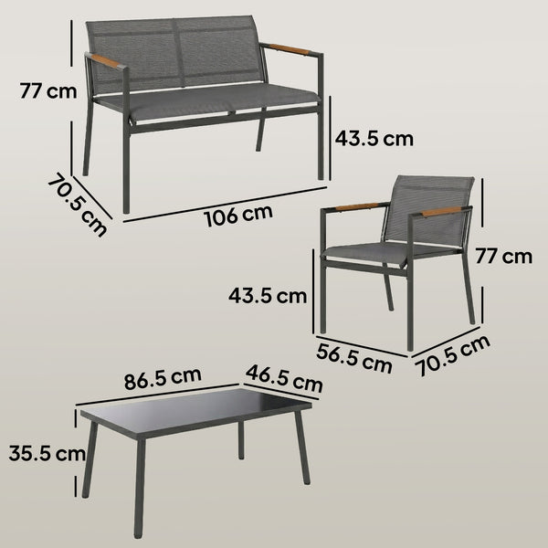 4 Seater Garden Furniture Set with Loveseat, 2 Armchairs, Metal-Top Table, Metal Garden Sofa Set with Breathable Mesh Seats, Outdoor Furniture Conversation Sets, Grey
