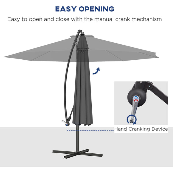 10' Deluxe Patio Umbrella, Outdoor Market Parasol, Banana Hanging Offset Sunshade with Crank, Cross Base, Grey