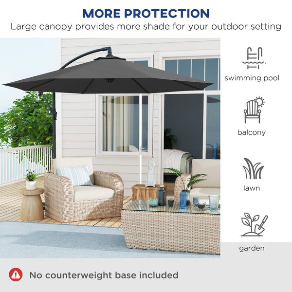 10' Deluxe Patio Umbrella, Outdoor Market Parasol, Banana Hanging Offset Sunshade with Crank, Cross Base, Grey