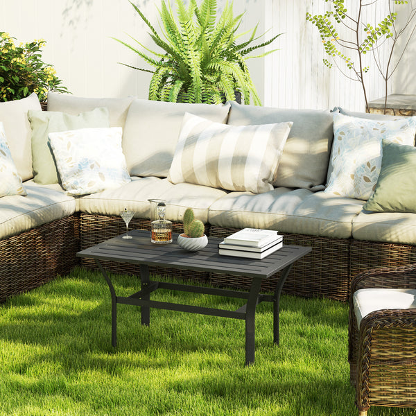 Outdoor Coffee Table, All-Weather Rectangle Metal Patio Coffee Table with Slatted Tabletop for Outside, Patio, Garden, Balcony, Backyard, Black