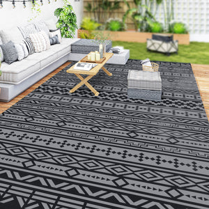 Outdoor Rug for Patio, 9' x 18' Waterproof Large Mat, Reversible Plastic Straw Rug for Decor, Portable Outside RV Camping Area Carpet Mat for Backyard Porch Deck Picnic, Black Gray Geometric