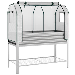 Galvanised Raised Garden Bed with Greenhouse Cover, Metal Elevated Garden Bed with Legs, Bed Liner and Bottom Shelf, Outdoor Raised Planter Box for Vegetables, Herbs, Flowers, Silver